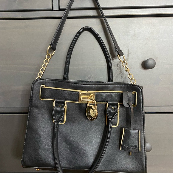 MK Boutique Handbags - MK Boutique Gold and Black Satchel with Elegant Hardware